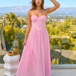Pink Pleated Strapless Sweetheart Neck Maxi Dress