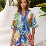 Scenic Print Button Down Tie Waist Short Sleeve Romper
