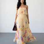 Yellow Floral Print Pleated Strapless Maxi Dress