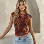 Brown Abstract Animal Print Cap Sleeve Top