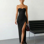 Black Strapless Corset with High Slit Slim Fit Maxi Dress