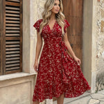 Red Floral V-Neck Wrap Flutter Sleeve Midi Dress