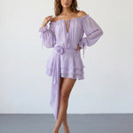 Beige Off-Shoulder Balloon Sleeve Ruffled with Floral Sash Mini Dress