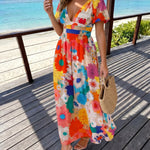 Multicolor Floral Print Deep V Neck Flutter Sleeve Midi Dress