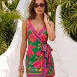 Green Tropical Print Wrap V Neck Tie Waist Mini Dress