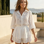 White Textured Shirt And Ruffle Shorts Two Piece Set