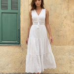 White Eyelet Embroidery Sleeveless Tiered Maxi Dress