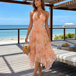 Peach Floral Halter Keyhole Asymmetric Chiffon Midi Dress