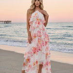 White Floral Vacation Tiered Ruffled Relaxed Maxi Dress