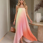 Multicolor Gradient Strapless Pleated Asymmetric Maxi Dress