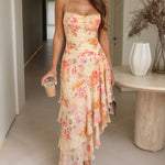 Watercolor Floral Spaghetti Strap Ruffle Midi Dress