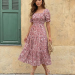 Floral Print Square Neck Puff Sleeve Tiered Midi Dress