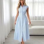Blue White Vertical Stripe Collar Cap Sleeve Button Midi Dress
