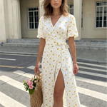 White Yellow Floral Wrap Midi Dress