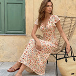 Cream Strawberry Floral Print Flutter Sleeve Midi Dress