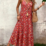 Red Floral Print V-Neck Spaghetti Strap Maxi Dress