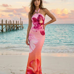 Pink Orange Floral Print Halter Neck Bodycon Maxi Dress