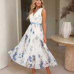 White Blue Floral Print Sleeveless V Neck Pleated Midi Dress
