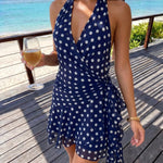 Blue White Polka Dot Print Halter Wrap Side Tie Ruffle Chiffon Mini Dress