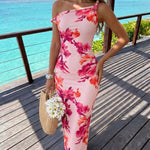 Pink Floral Print Off Shoulder Twist Knot Bodycon Midi Dress