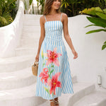 Blue Striped Floral Print Spaghetti Strap Ruched Midi Dress