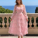 Pink 3D Floral Lace Square Neck Puff Sleeve Midi Dress