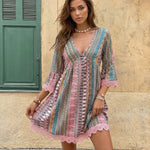 Bohemian Print V Neck Half Sleeve Lace Trim Mini Dress