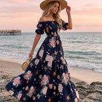 Navy Blue Floral Print Off-Shoulder Tiered Maxi Dress