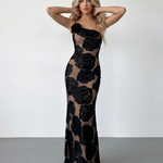 Black Floral Applique One Shoulder Mesh Mermaid Maxi Dress