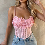 Pink Floral Mesh Spaghetti Strap Corset Crop Top