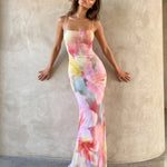 Floral Square Neck Spaghetti Strap Mermaid Maxi Dress