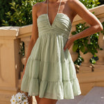 Mint Green Solid Halter V-Neck Tiered Mini Dress