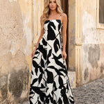 Black Leaf Print Spaghetti Strap Tiered Flowy Maxi Dress