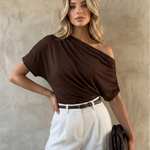Brown One Shoulder Draped Ruched Short Sleeve Blouse