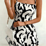 White Abstract Print Square Neck Spaghetti Strap Mini Dress