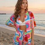 Multicolor Sun Print Button Down Shirt Shorts Set