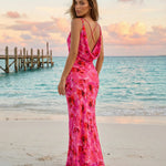 Red Floral Print Cowl Neck Spaghetti Strap Bodycon Maxi Dress