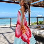 Blue Big Floral Print Strapless Pleated Maxi Dress