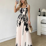 Cream Black Silhouette Floral Tie Strap Pleated Maxi Dress