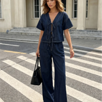 Dark Denim Tie Front Short Sleeve Top