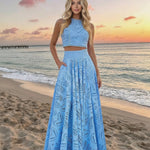 Blue Eyelet Embroidery High Waist Maxi Skirt