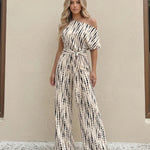 Beige Printed One-Shoulder Belted Wide Leg Jumpsuit