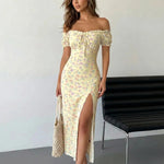 White Pink Floral Print Off-Shoulder Puff Sleeve High Slit Maxi Dress