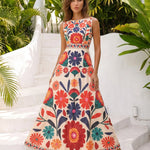 3D Floral Print Round Neck Sleeveless A-Line Maxi Dress