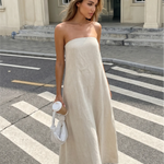 Beige Minimalist Breathable Linen Blend Loose Fit Maxi Dress