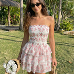 White Floral Print Strapless Tiered Mini Dress
