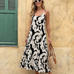 White Abstract Print V-Neck Spaghetti Strap Maxi Dress