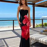 Black Red Floral Print Spaghetti Strap Maxi Dress