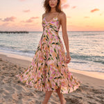 Multicolor Abstract Floral Ruched V Neck Pleated Midi Dress