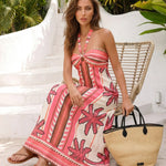 Pink Palm Tree Print Halter Neck Keyhole Cutout Maxi Dress